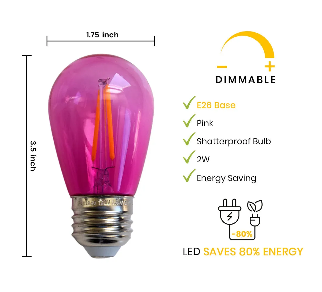 10-PACK Fuchsia / Hot Pink LED Filament S14 Shatterproof Energy Saving Color Light Bulb, Dimmable, 2W,  E26 Medium Base