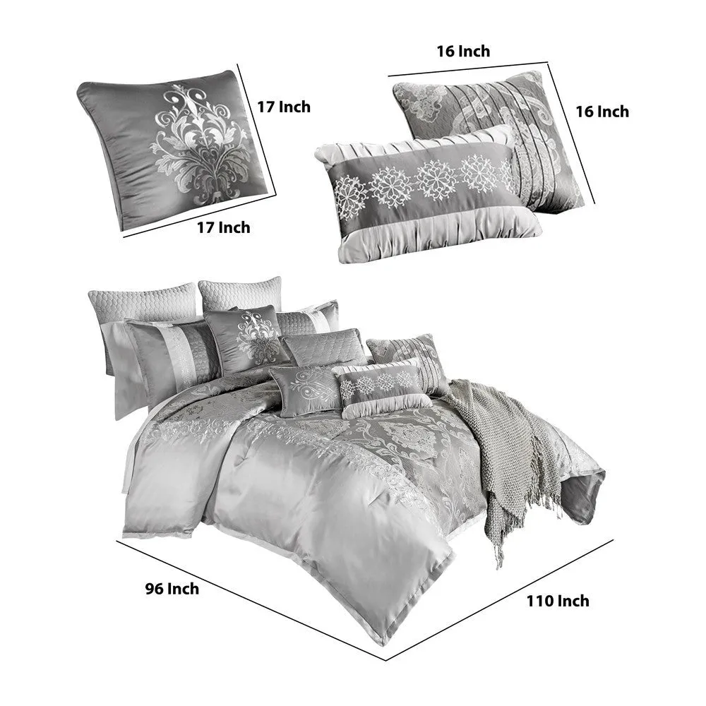 12 Piece King Polyester Comforter Set with Medallion Print, Platinum Gray By Casagear Home