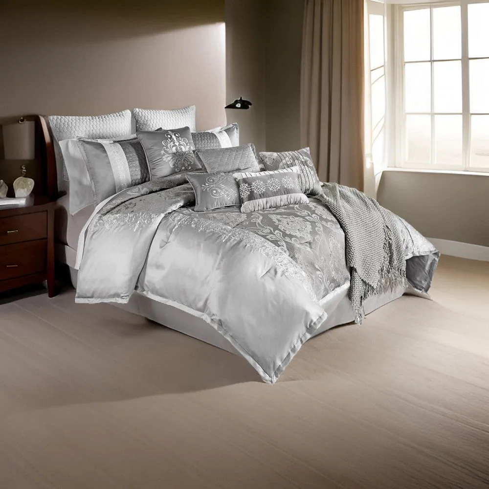 12 Piece King Polyester Comforter Set with Medallion Print, Platinum Gray By Casagear Home