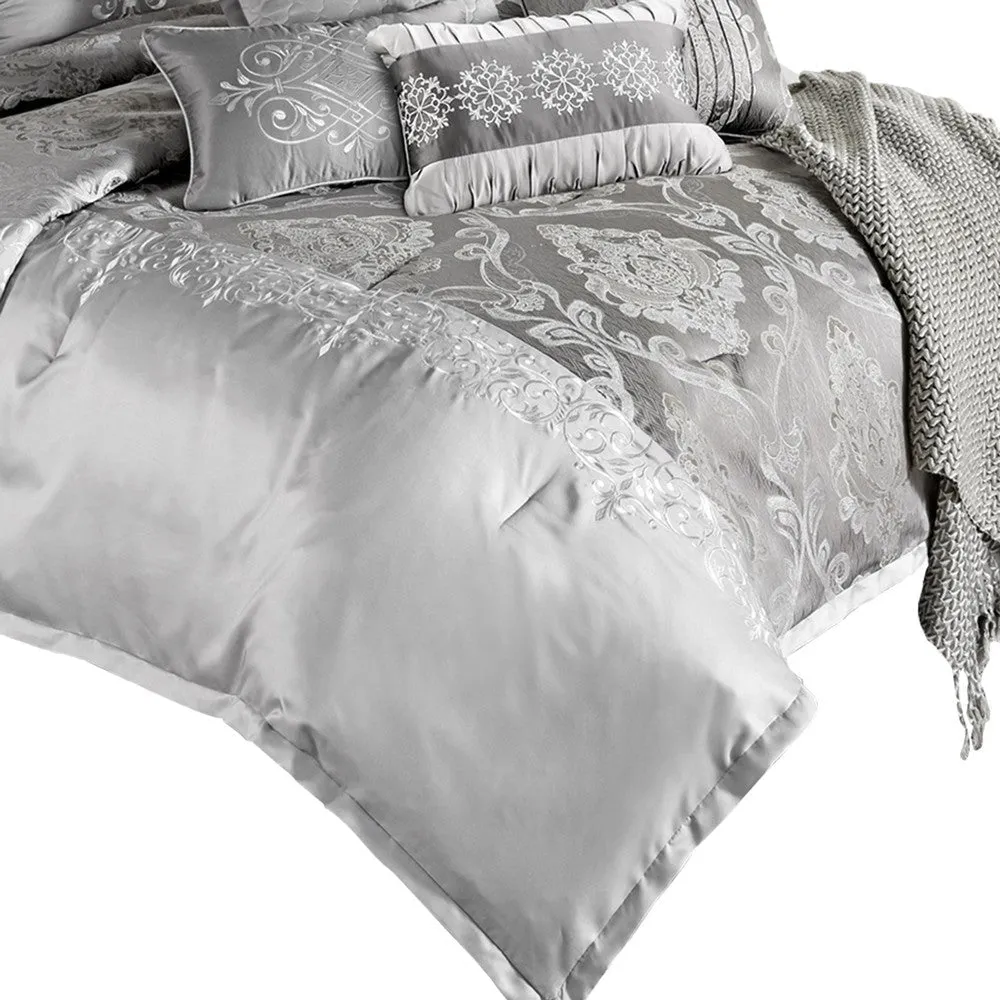 12 Piece King Polyester Comforter Set with Medallion Print, Platinum Gray By Casagear Home