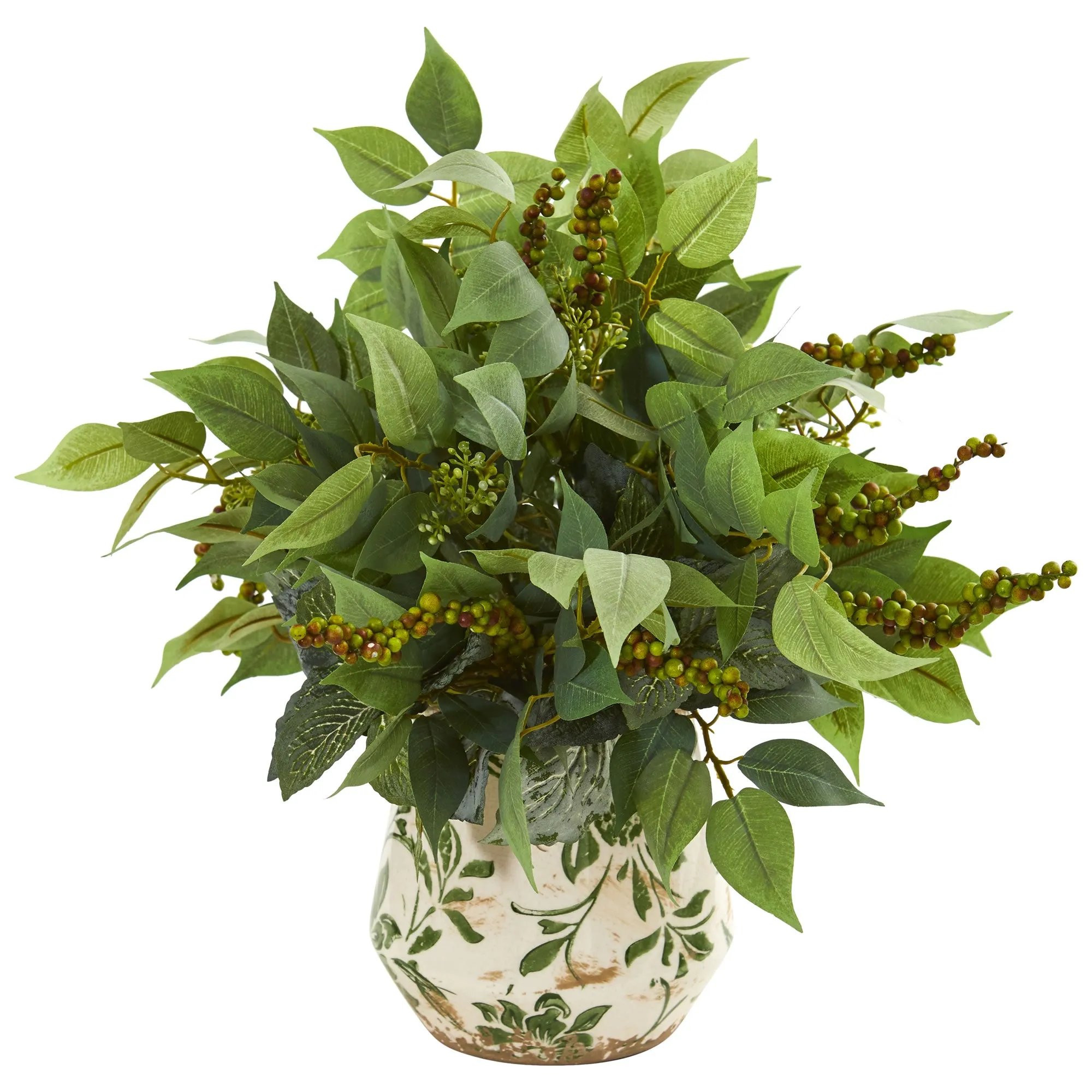 13" Artificial Ficus, Fittonia & Berries in Floral Vase - Low Maintenance, Life-Like & Vibrant Silk Plants For Busy People.