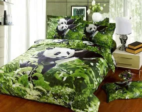 3D Panda Climbing Tree Printed Cotton Luxury 4-Piece Green Bedding Sets/Duvet Covers