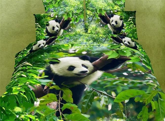 3D Panda Climbing Tree Printed Cotton Luxury 4-Piece Green Bedding Sets/Duvet Covers