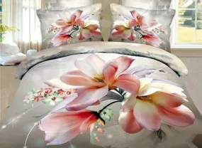 3D Pink Magnolia Printed Cotton Luxury 4-Piece Bedding Sets/Duvet Cover