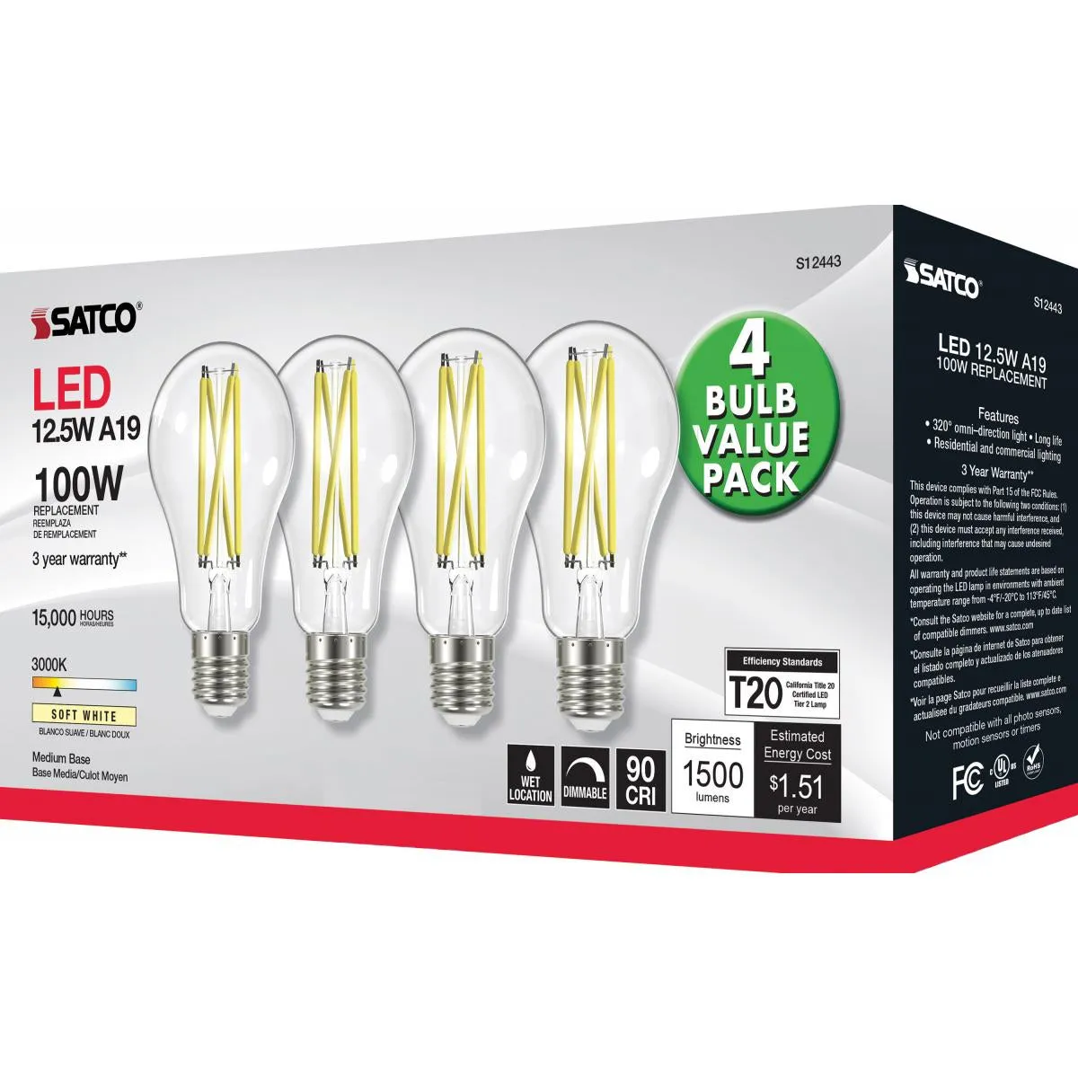 4 Pack - A19 LED Filament Bulb, 13 Watts, 1500 Lumens, 3000K, E26 Medium Base, Clear Finish