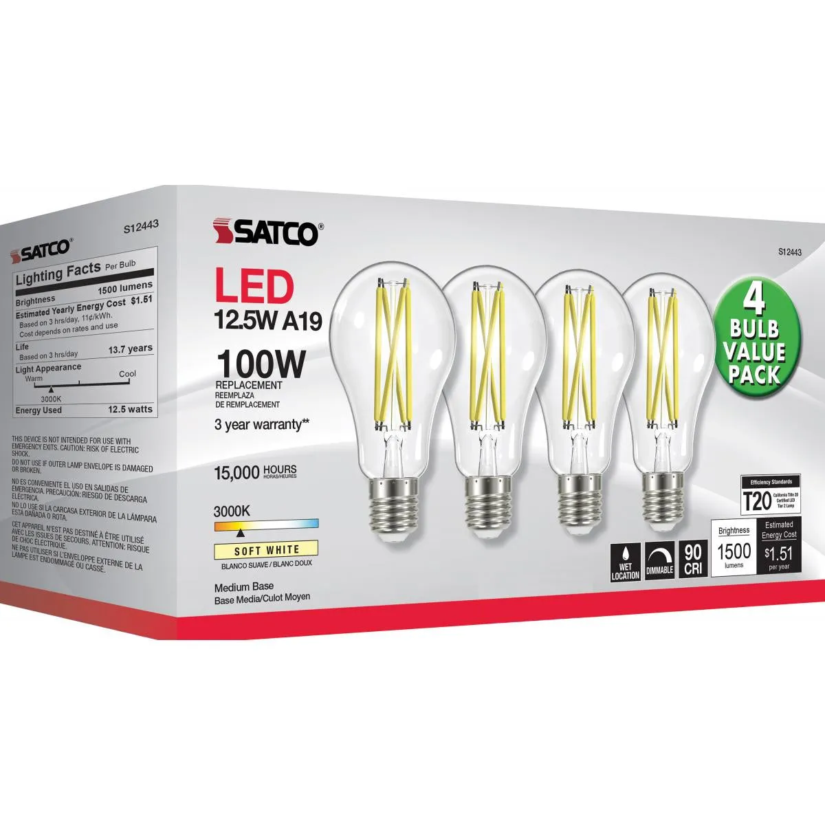 4 Pack - A19 LED Filament Bulb, 13 Watts, 1500 Lumens, 3000K, E26 Medium Base, Clear Finish