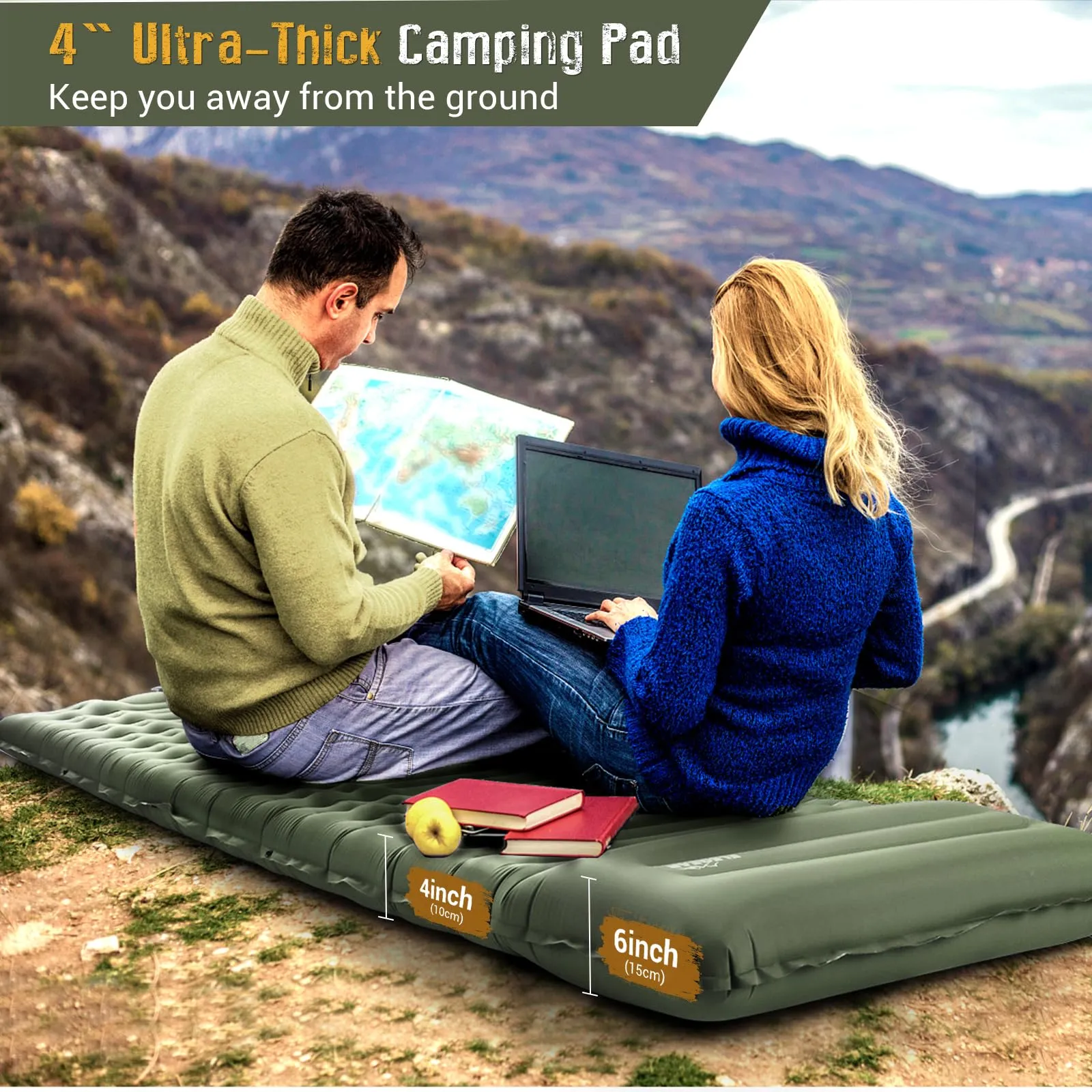 4" Ultra-Thick Self Inflating Sleeping Pad for Camping