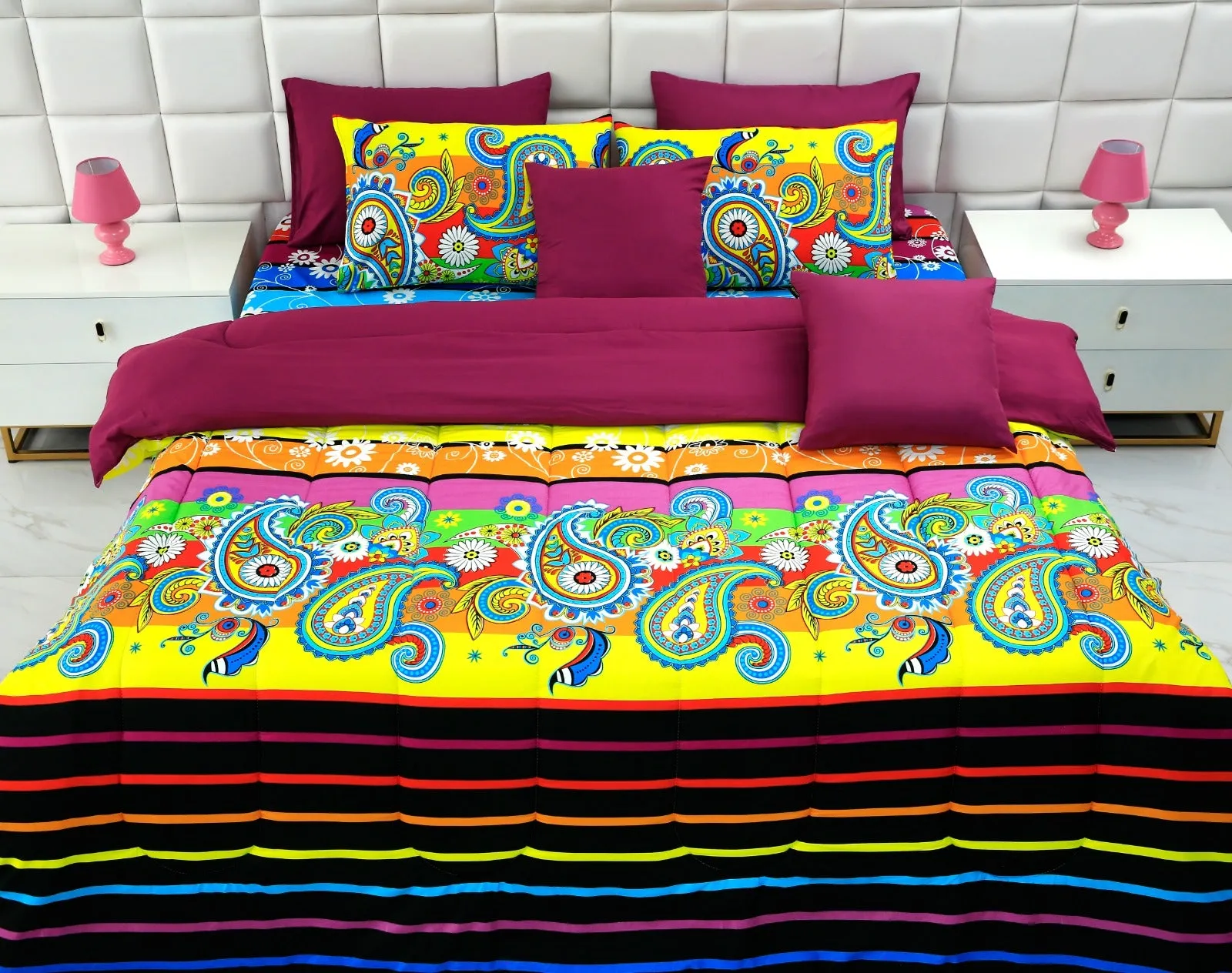 5 PCs Single Comforter Set-Multi Flower (Plum Reverse)