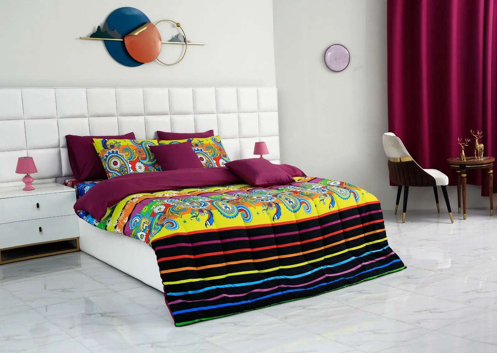 5 PCs Single Comforter Set-Multi Flower (Plum Reverse)