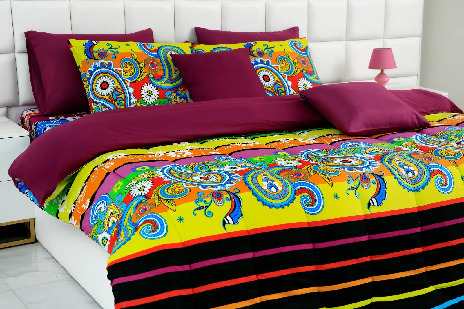 5 PCs Single Comforter Set-Multi Flower (Plum Reverse)