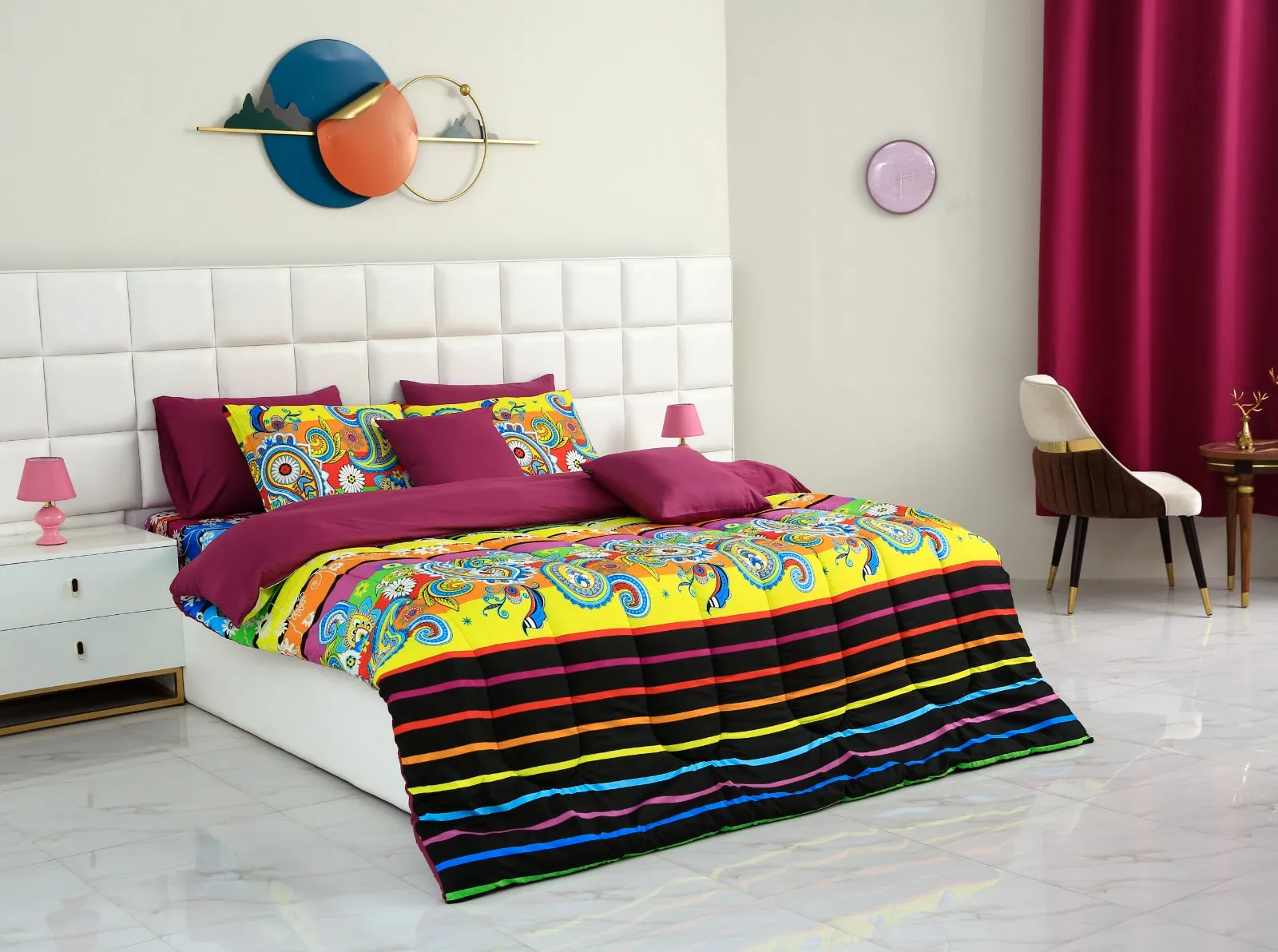 5 PCs Single Comforter Set-Multi Flower (Plum Reverse)