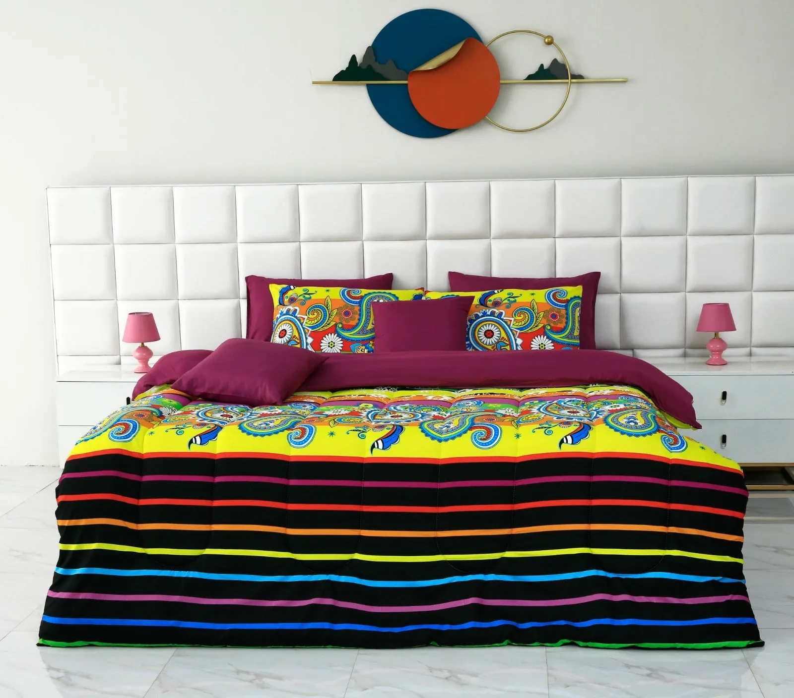 5 PCs Single Comforter Set-Multi Flower (Plum Reverse)