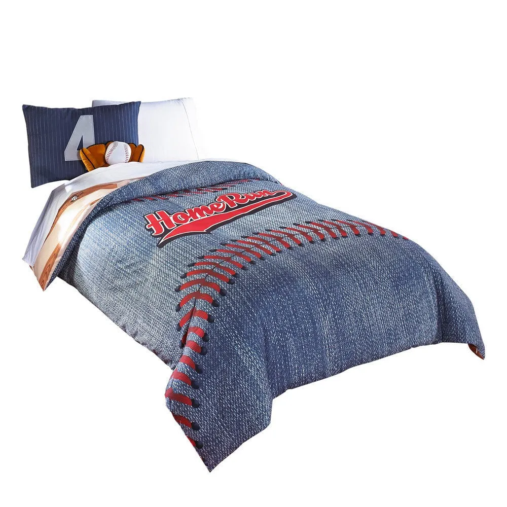 6 Piece Polyester Full Comforter Set with Baseball Inspired Print, Blue By Casagear Home