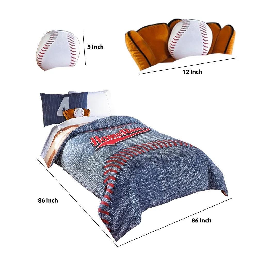 6 Piece Polyester Full Comforter Set with Baseball Inspired Print, Blue By Casagear Home