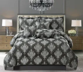 7 Piece Jacquard Bedding Set Quilted Bedspreads Bed Skirt Pillow Shams & Cushion Covers (Emma Grey)