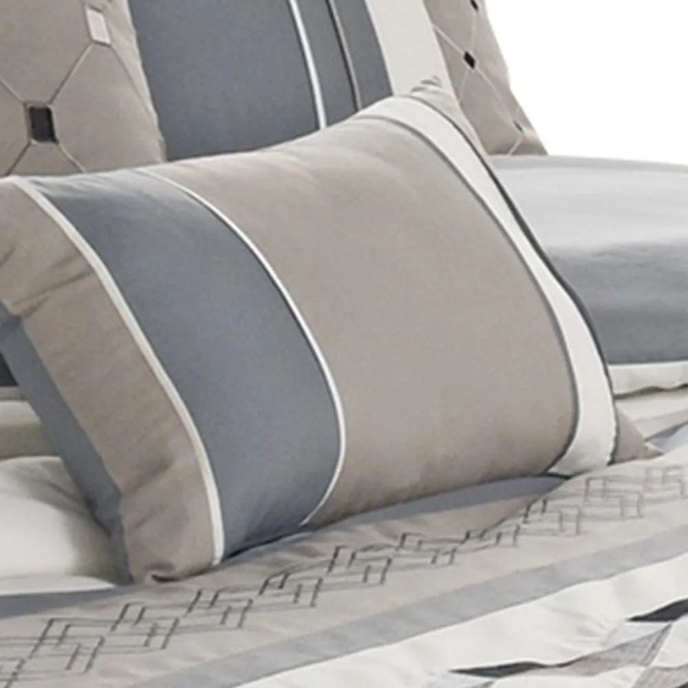 7 Piece Queen Polyester Comforter Set with Geometric Design, Blue and Gray By Casagear Home