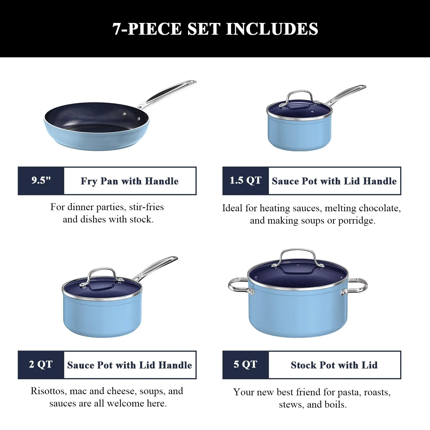 7pc Cookware Set Healthy Duralon Blue Ceramic Nonstick Coated, Diamond Infused Scratch-Resistant, PFAS Free