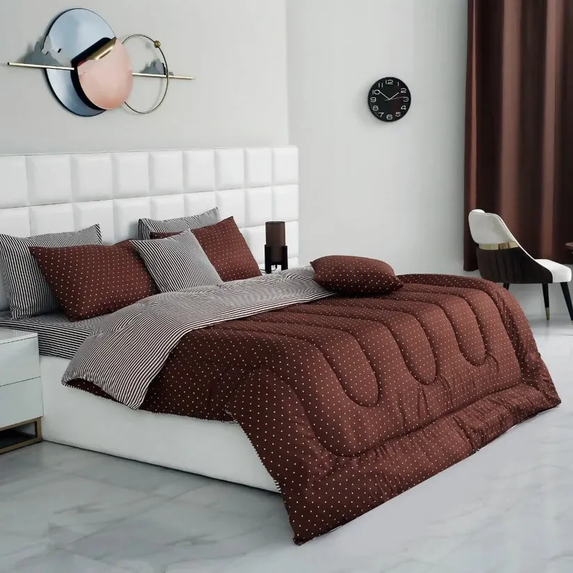 8 PCs Winter Comforter Set-Brown Polka