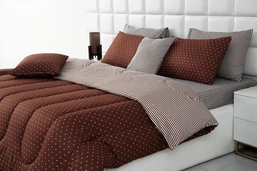 8 PCs Winter Comforter Set-Brown Polka