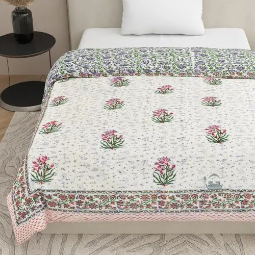 AARMOZY Pure Cotton Jaipuri Razai Double Bed Hand Block Floral Print Quilt Blanket - Purpal/Green (Double Bed B) (90X108INCHES)