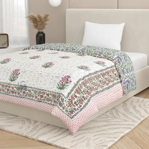 AARMOZY Pure Cotton Jaipuri Razai Double Bed Hand Block Floral Print Quilt Blanket - Purpal/Green (Double Bed B) (90X108INCHES)