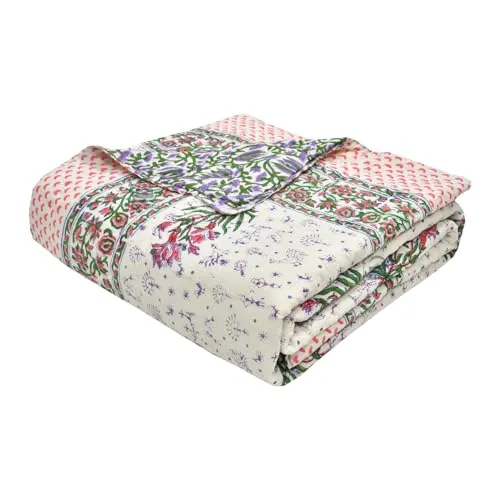 AARMOZY Pure Cotton Jaipuri Razai Double Bed Hand Block Floral Print Quilt Blanket - Purpal/Green (Double Bed B) (90X108INCHES)