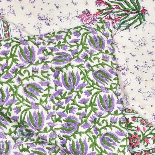 AARMOZY Pure Cotton Jaipuri Razai Double Bed Hand Block Floral Print Quilt Blanket - Purpal/Green (Double Bed B) (90X108INCHES)