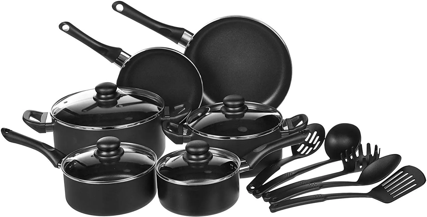 AmazonBasics Non-Stick Cookware Set, Pots, Pans and Utensils - 15-Piece Set