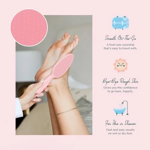 Bare August Glass Foot File Callus Remover for Feet - Heel Scraper & in Shower Foot Scrubber Dead Skin Remover - Pedicure Foot Buffer for Soft Feet (with Handle, Pink)