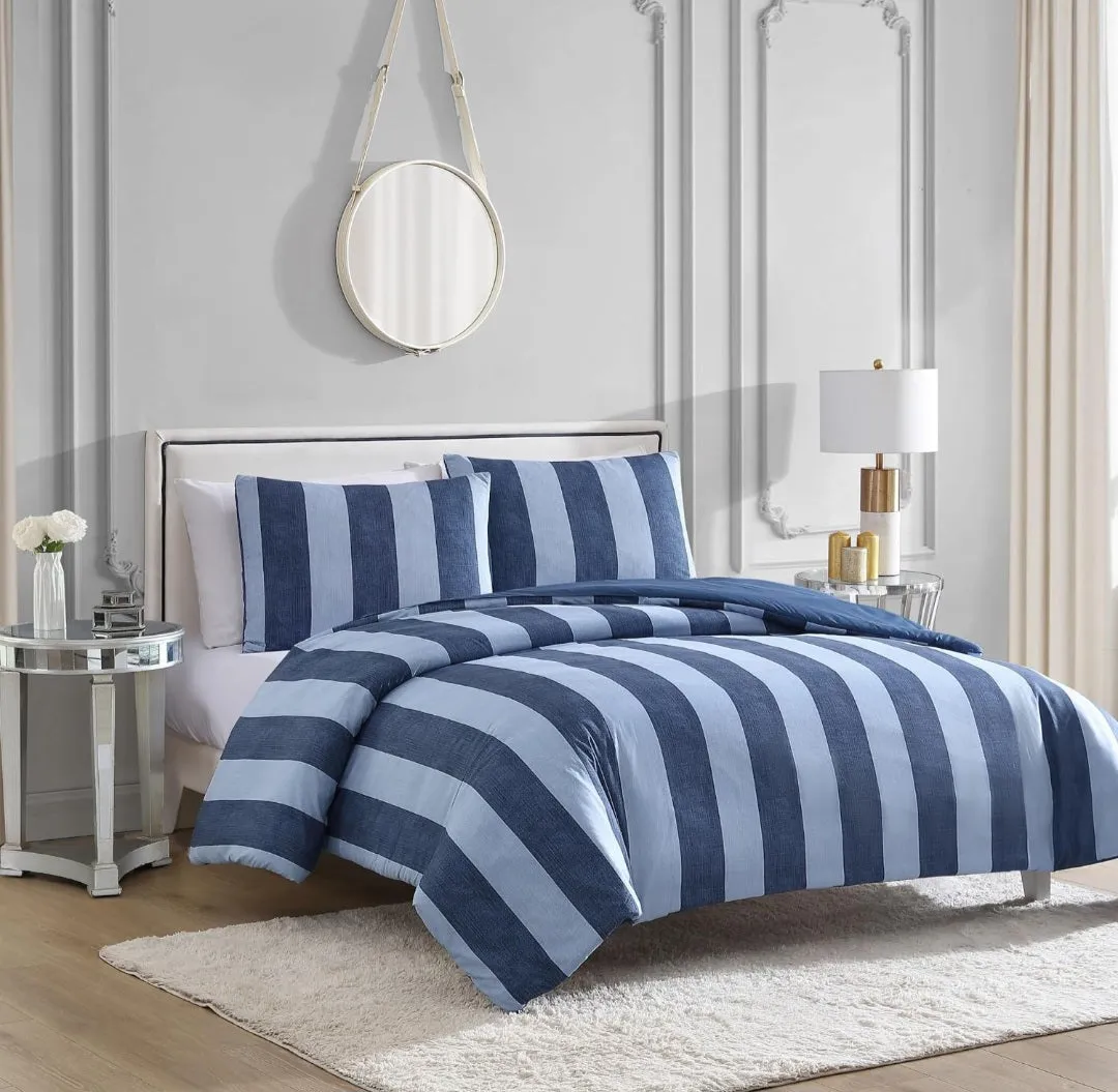 (Bedding) Juicy Couture Denim Stripe Full/Queen Comforter Set - 3-Piece Machine Washable Reversible Blue Bedding Comforter and Sham Set