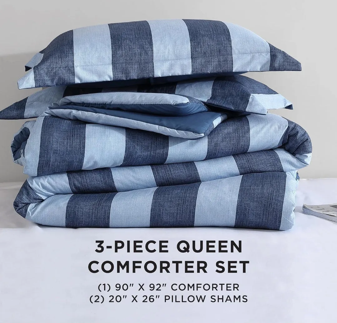 (Bedding) Juicy Couture Denim Stripe Full/Queen Comforter Set - 3-Piece Machine Washable Reversible Blue Bedding Comforter and Sham Set