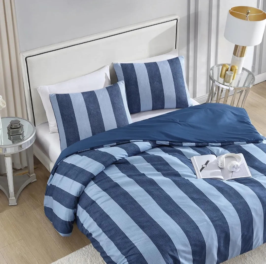 (Bedding) Juicy Couture Denim Stripe Full/Queen Comforter Set - 3-Piece Machine Washable Reversible Blue Bedding Comforter and Sham Set