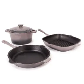 BergHOFF Neo 4pc Cast Iron Cookware Set, Fry Pan, Grill Pan & Round Dutch Oven, Oyster