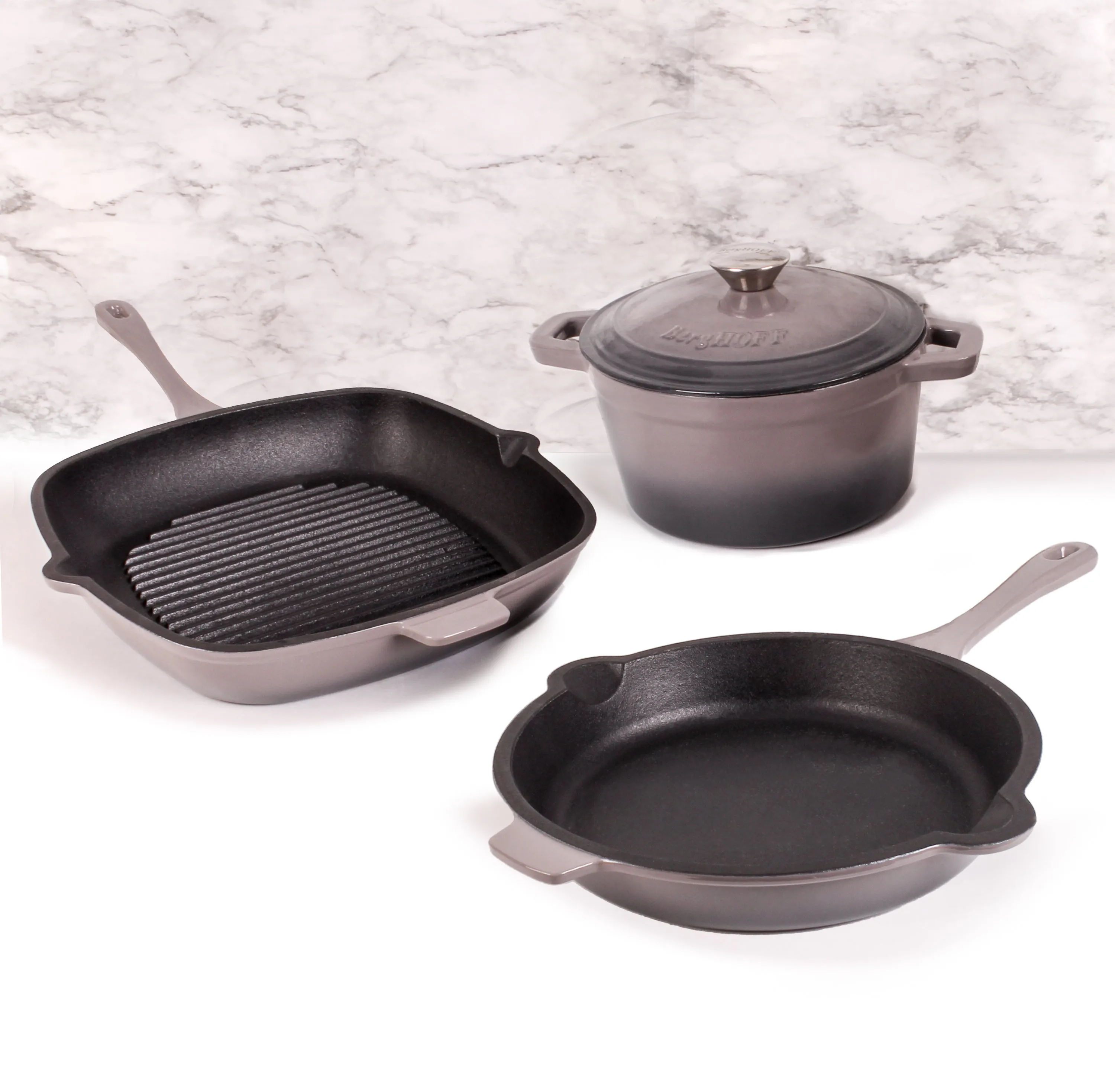 BergHOFF Neo 4pc Cast Iron Cookware Set, Fry Pan, Grill Pan & Round Dutch Oven, Oyster