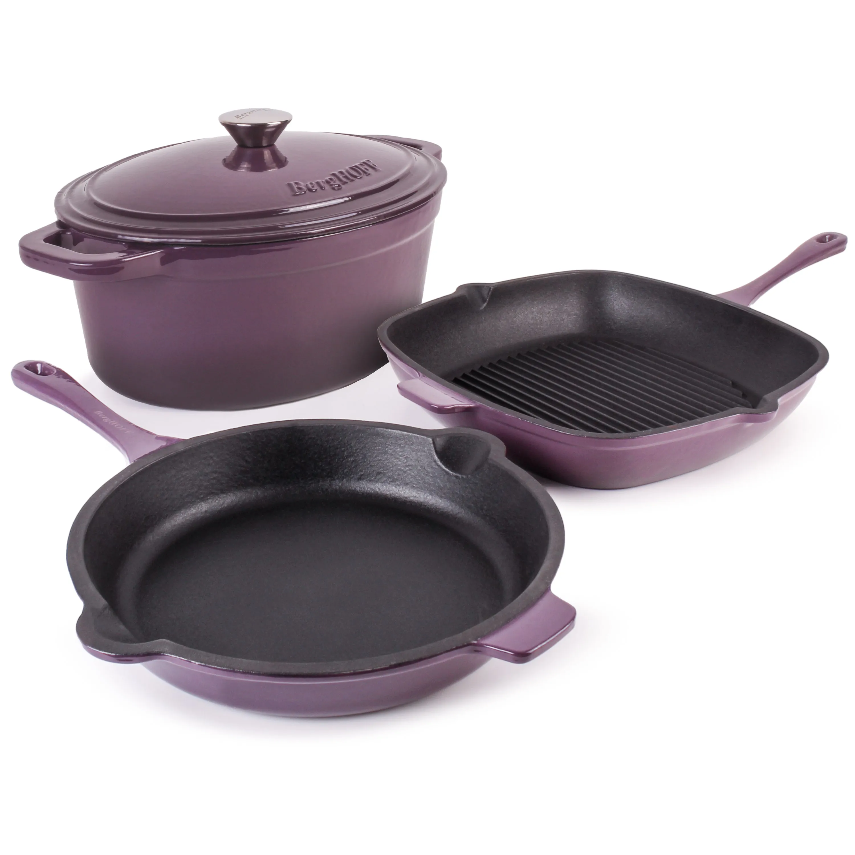 BergHOFF Neo 4pc Cast Iron Cookware Set, Grill Pan, Fry Pan & Oval Dutch Oven, Purple