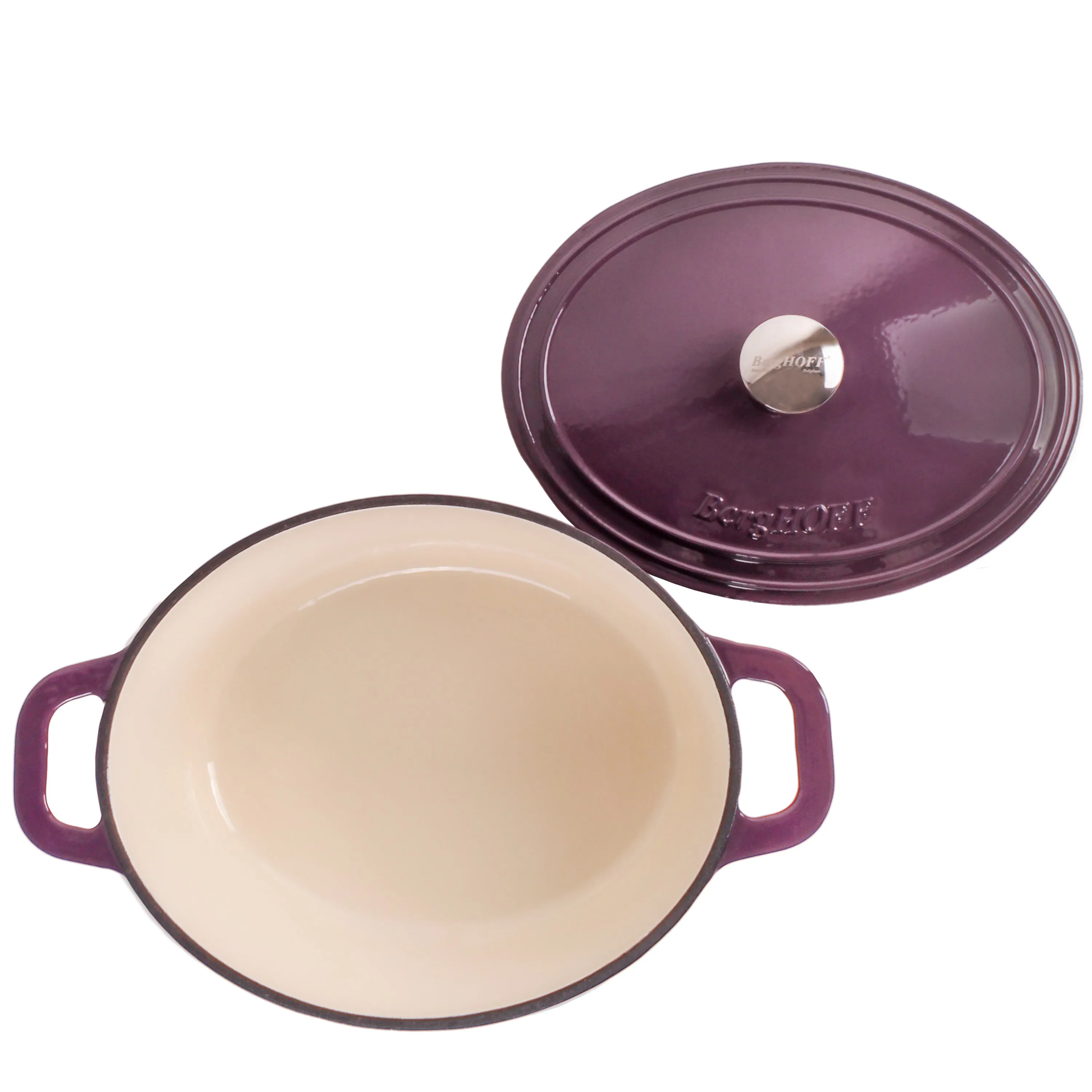 BergHOFF Neo 4pc Cast Iron Cookware Set, Grill Pan, Fry Pan & Oval Dutch Oven, Purple