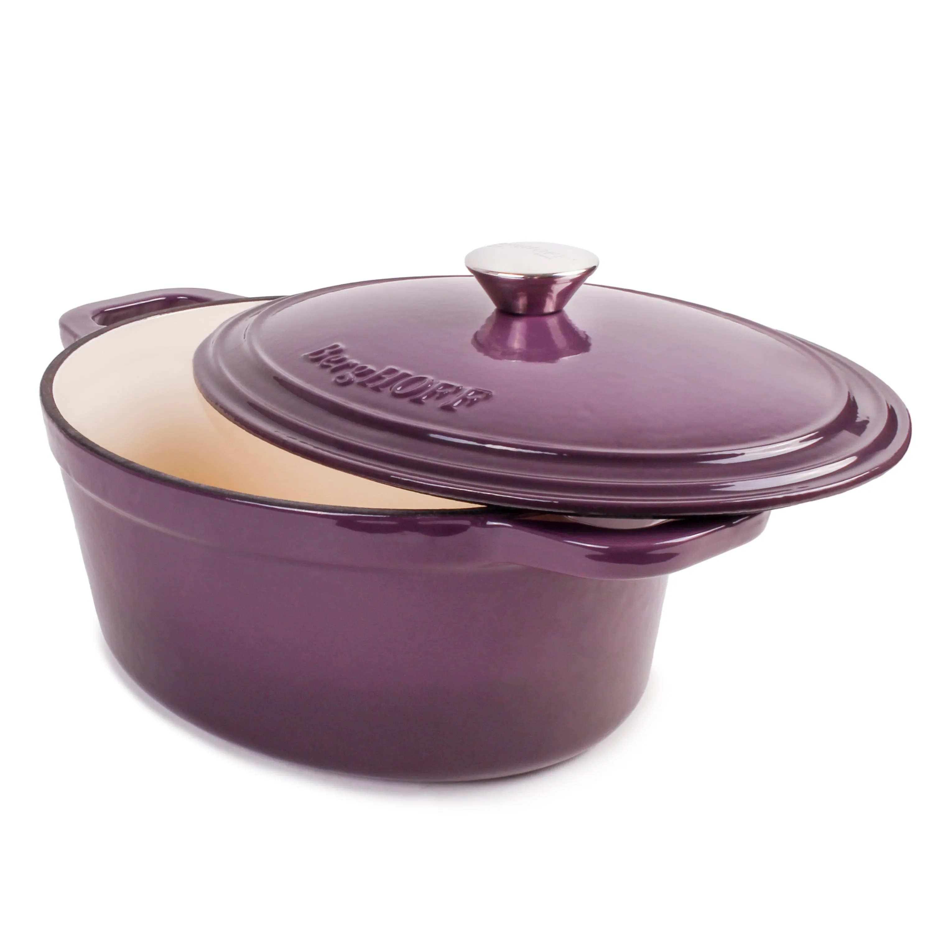 BergHOFF Neo 4pc Cast Iron Cookware Set, Grill Pan, Fry Pan & Oval Dutch Oven, Purple