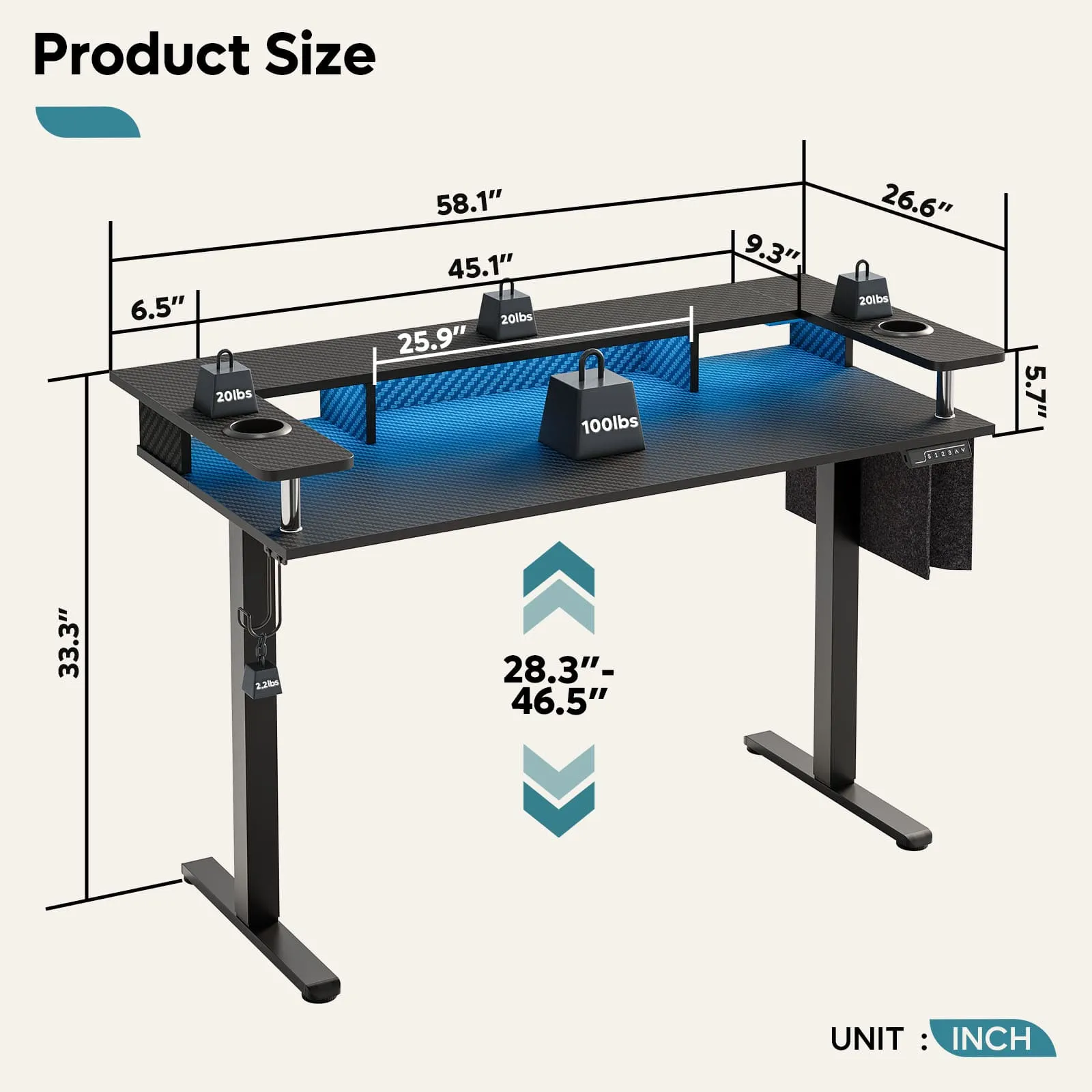 Bestier 58 Inch LED Electric Standing Desk with Monitor Stand