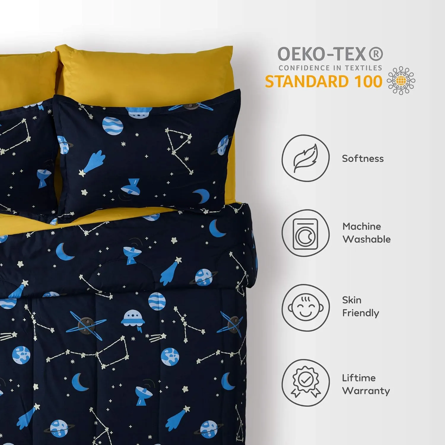 Blue Galaxy Printed Kids Bedding Set Navy Blue/Yellow