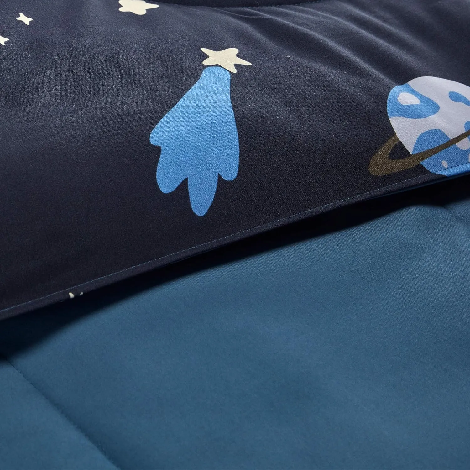 Blue Galaxy Printed Kids Bedding Set Navy Blue/Yellow