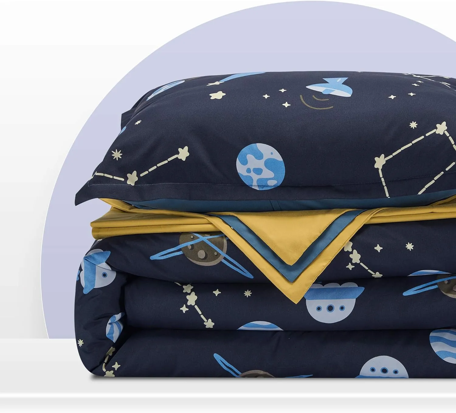 Blue Galaxy Printed Kids Bedding Set Navy Blue/Yellow