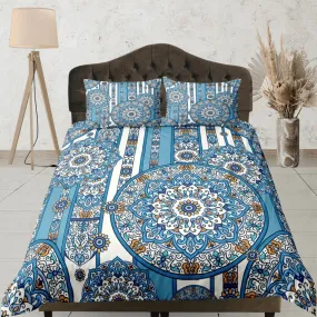 Blue whimsical mandala duvet cover boho bedding set full, queen, king, dorm bedding, aesthetic room decor indian bedspread maximalist decor