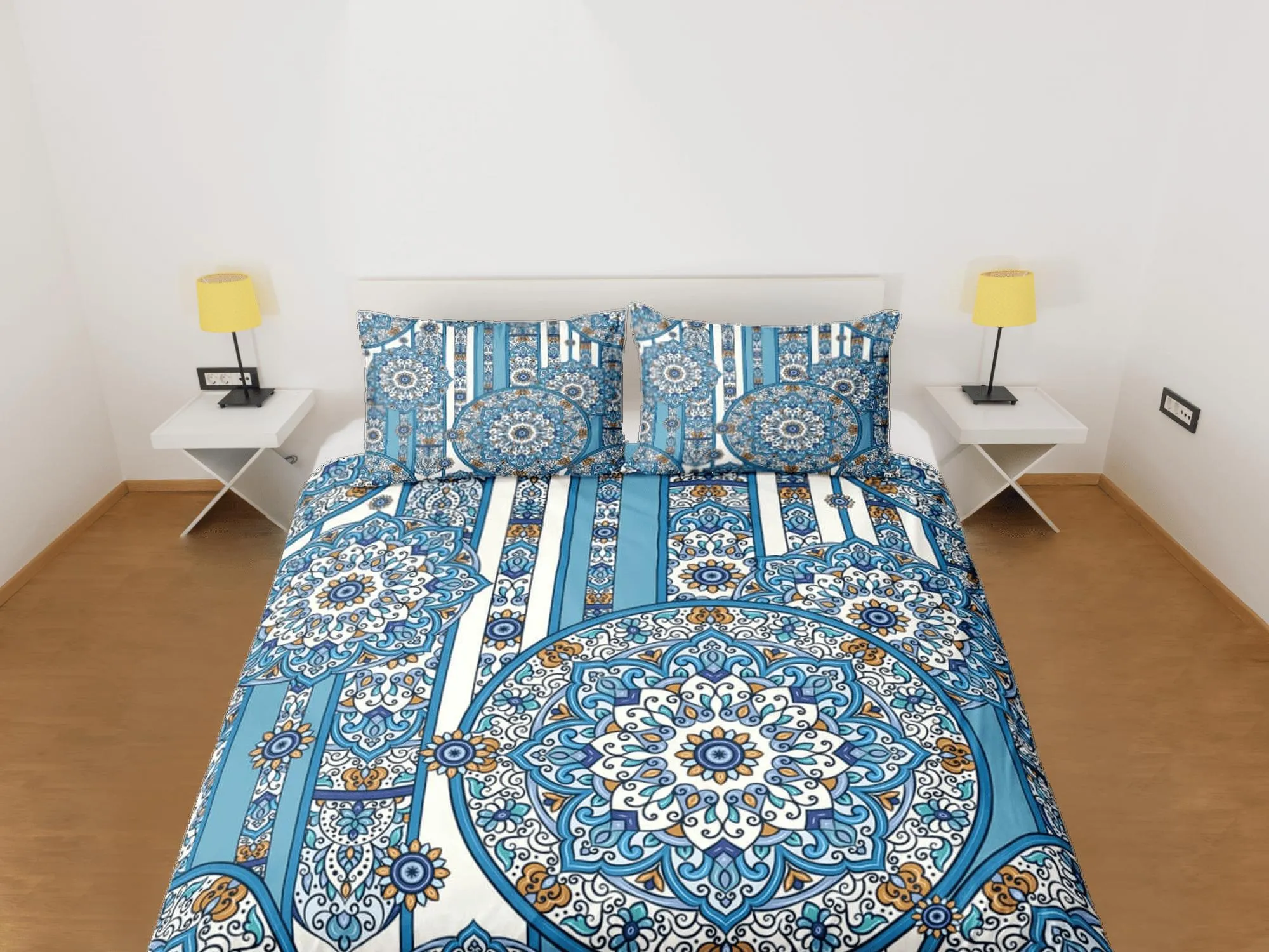 Blue whimsical mandala duvet cover boho bedding set full, queen, king, dorm bedding, aesthetic room decor indian bedspread maximalist decor