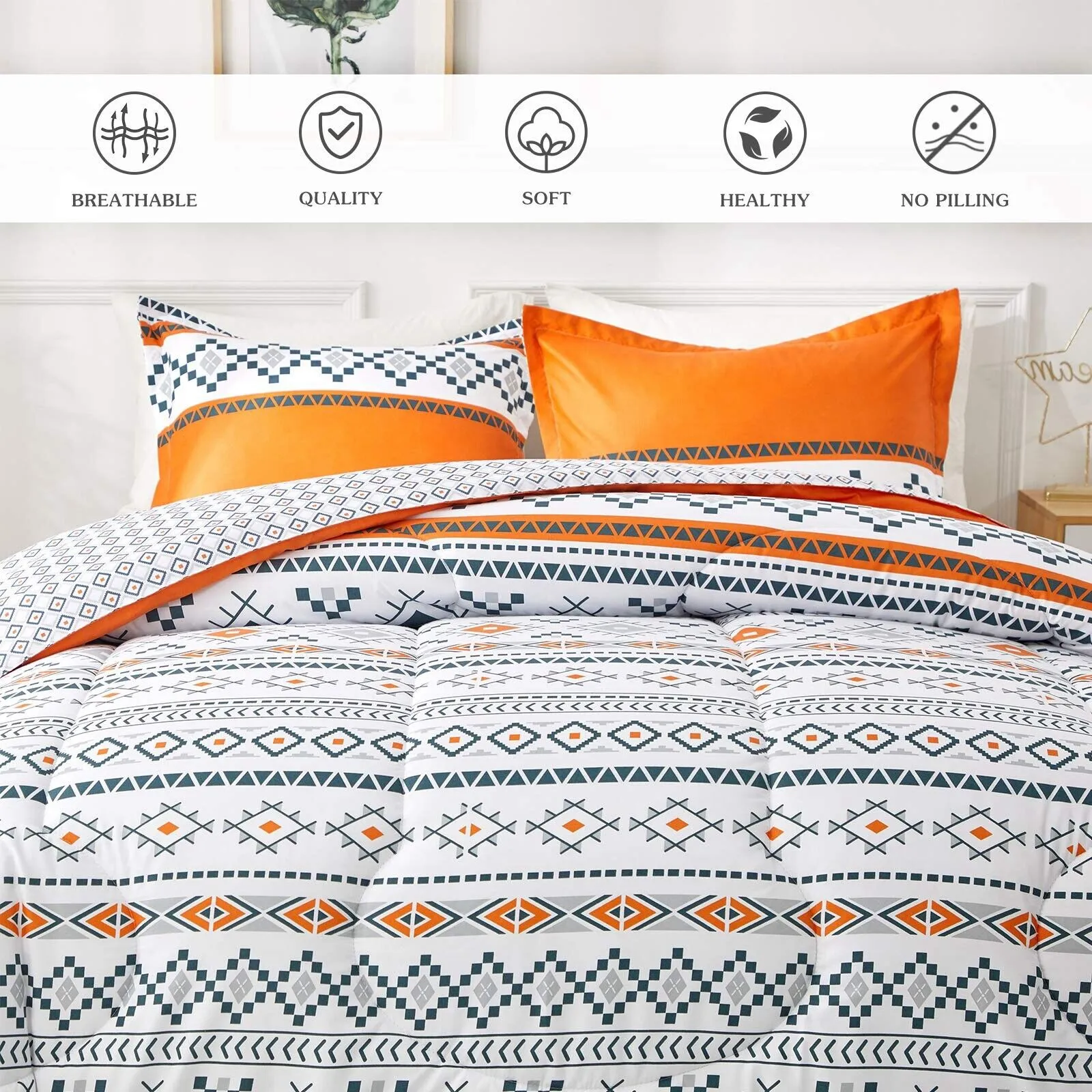 Boho Comforter Set, Queen Size, Reversible Orange Geometric 3-Piece Bedding Collection