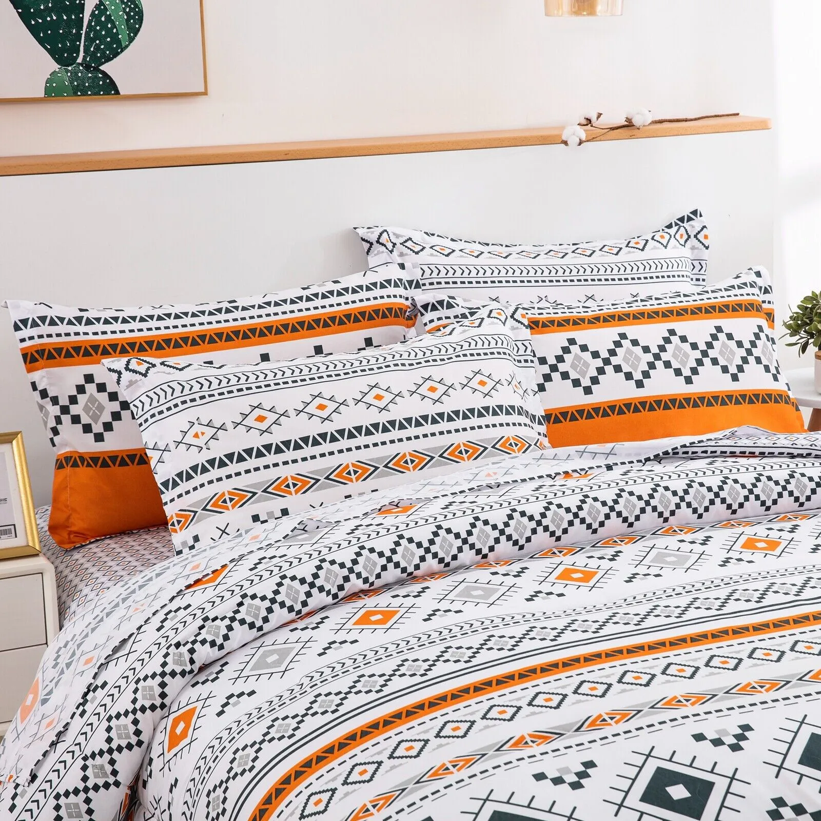 Boho Comforter Set, Queen Size, Reversible Orange Geometric 3-Piece Bedding Collection