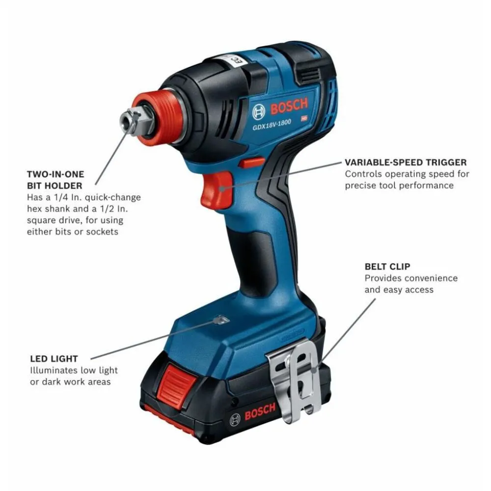 Bosch GXL18V-240B22 18V 2-Tool Combo Kit with 1/2" Hammer Drill/Driver, Two-In-One 1/4" and 1/2" Bit/Socket Impact Driver/Wrench and (2) 2 Ah Standard Power Batteries