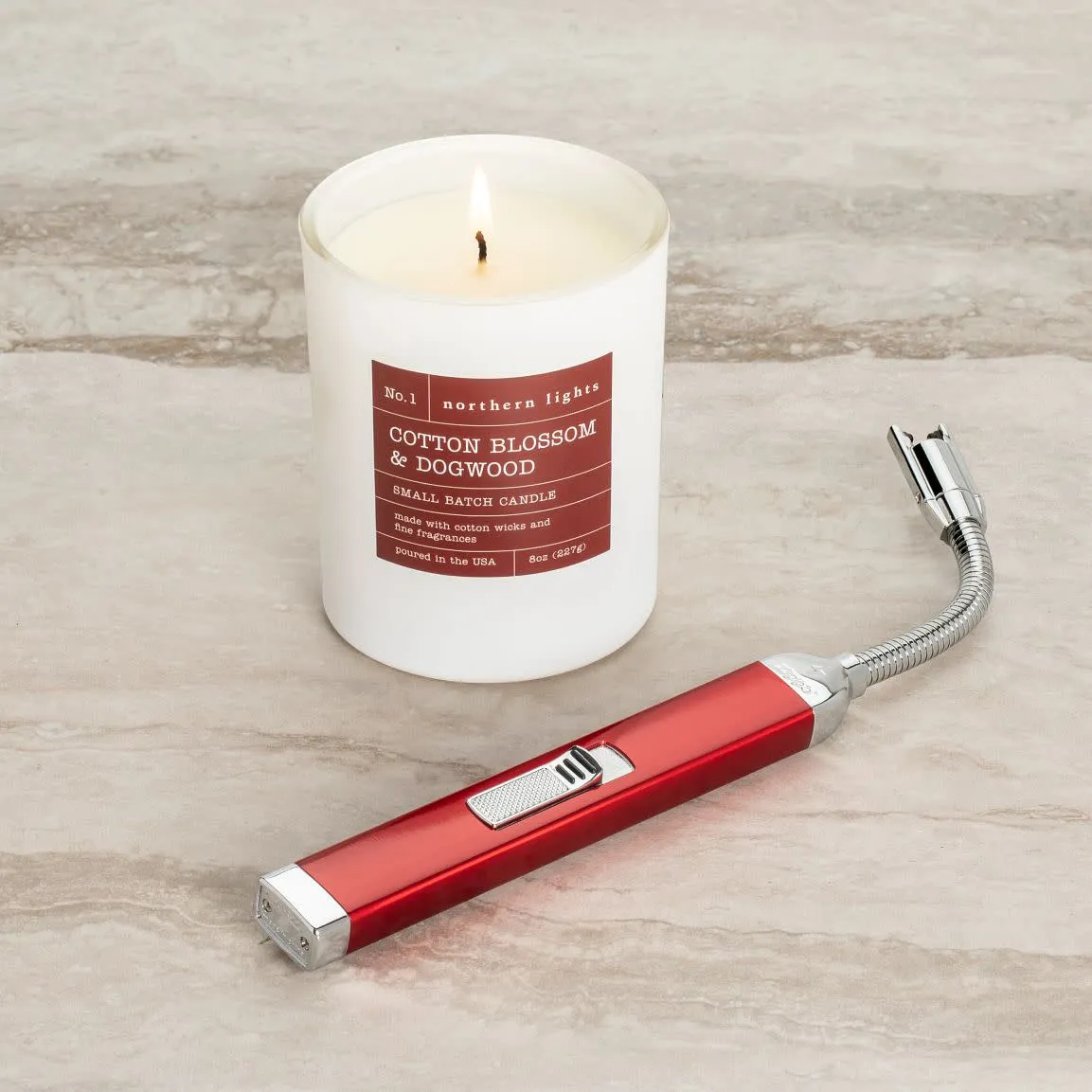 Candy Apple Red Rechargeable Candle Lighter & 8 oz Cotton Blossom & Dogwood Candle Gift Set