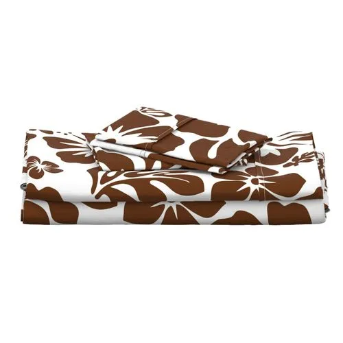 Chocolate Brown Hawaiian Flowers on White Sheet Set from Surfer Bedding™️ Medium Scale