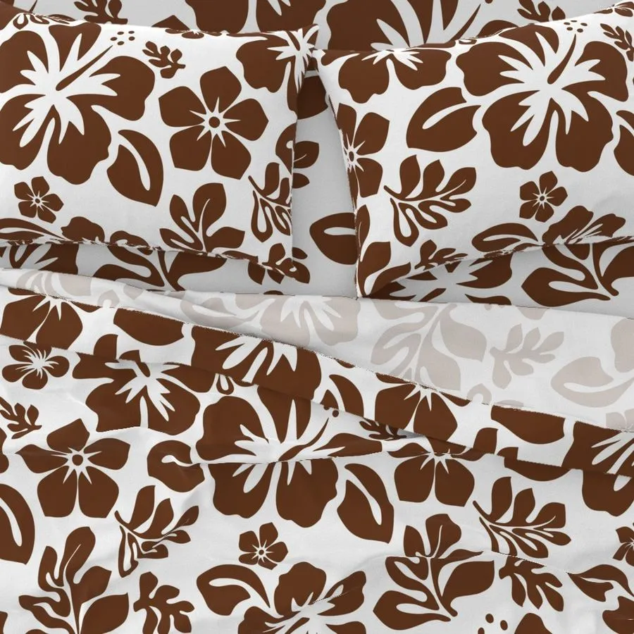 Chocolate Brown Hawaiian Flowers on White Sheet Set from Surfer Bedding™️ Medium Scale