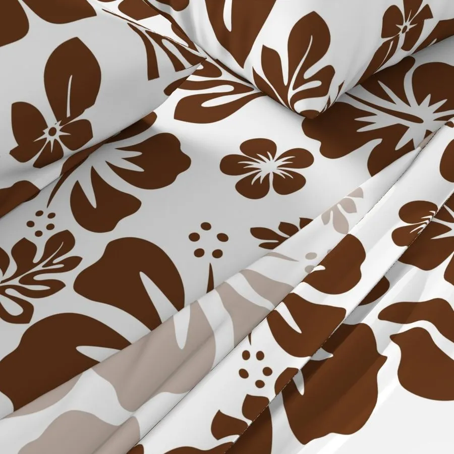 Chocolate Brown Hawaiian Flowers on White Sheet Set from Surfer Bedding™️ Medium Scale